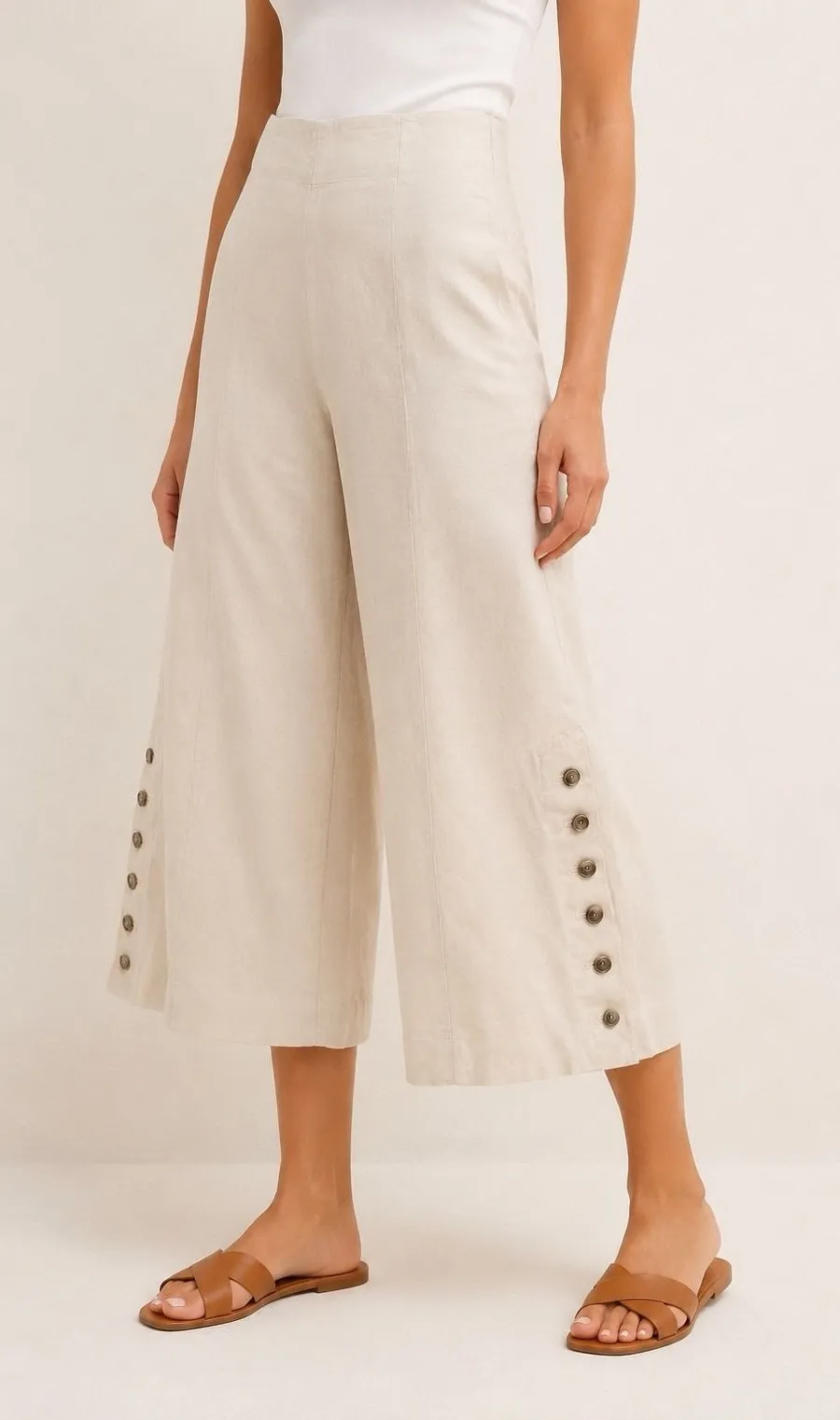 Anthropologie Women's 2 Linen Blend Wide Leg Sailor Pants Cream Side Buttons