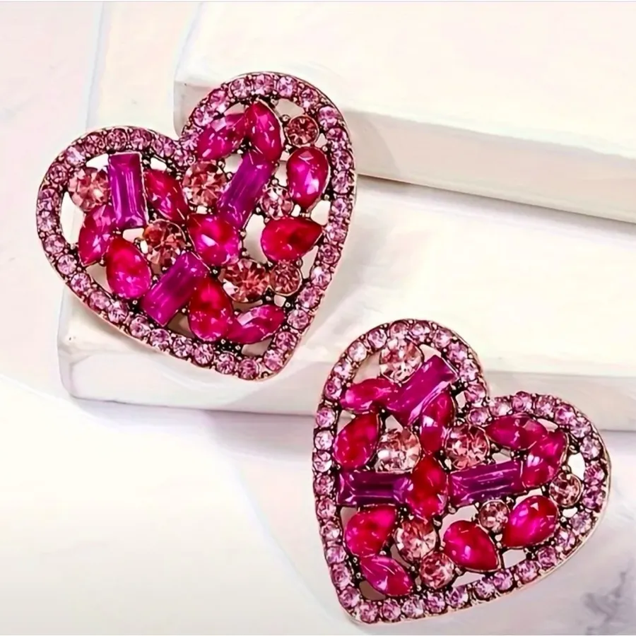 Heart-Shaped Pink Rhinestone Earrings NWT