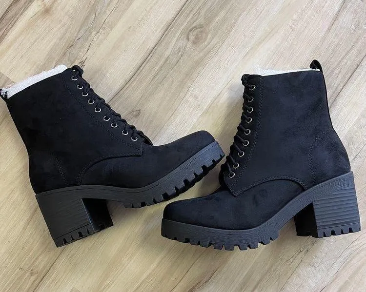 Black Vegan Suede Lace Up Combat Boot