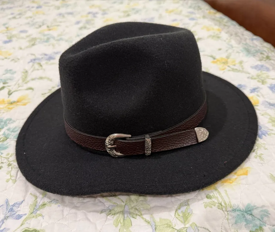 Black Felt Fedora Hat with Brown Leather Band