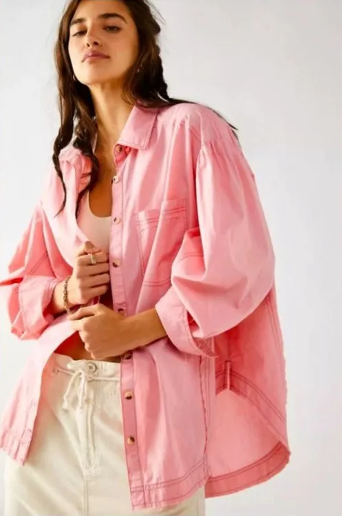 We The Free Happy Hour Shirt Oversized Pink Jean Shirt Jacket L