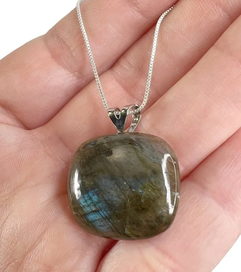 Green & Blue Square Glass Pendant Sterling Silver Box Chain Necklace