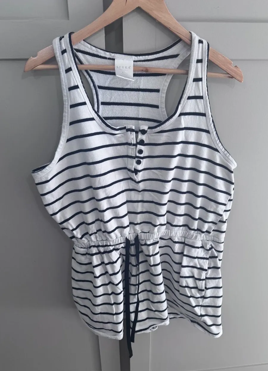 Serra Womens Striped Romper Large White and black Cotton Henley Racerback Lounge