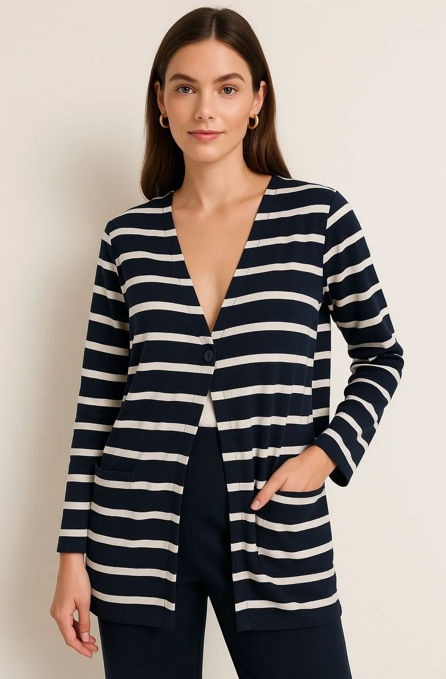 J Jill Jacket Women Small Navy Blue White Striped Jersey Knit One Button Preppy