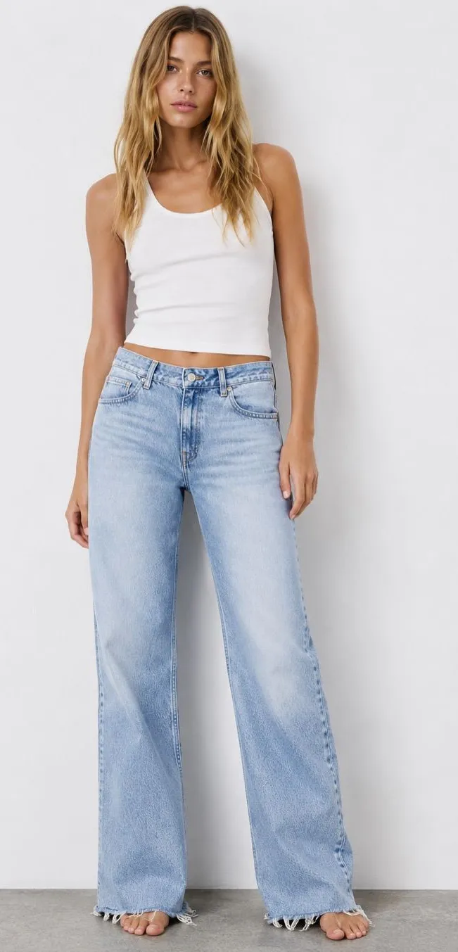 ZARA Women Light Wash Raw Hem Wide Leg Jeans Size US 14