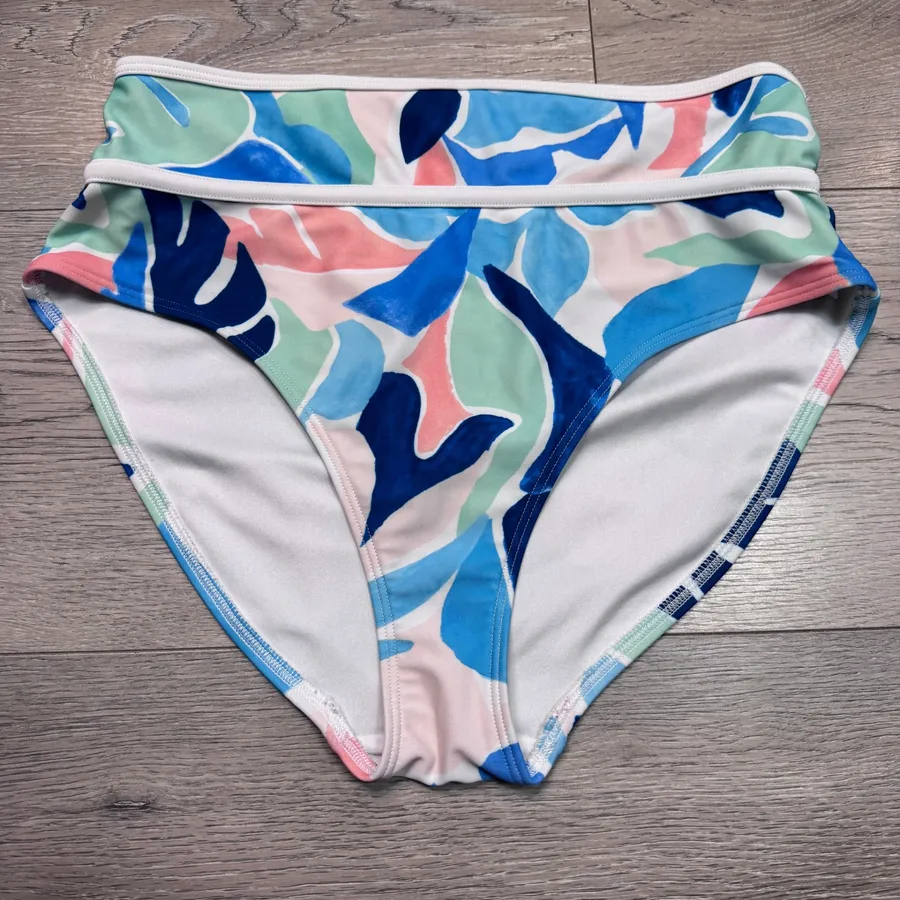Old Navy Womens High Waisted Tropical Leaf Bikini Bottoms Blue Pink Medium M