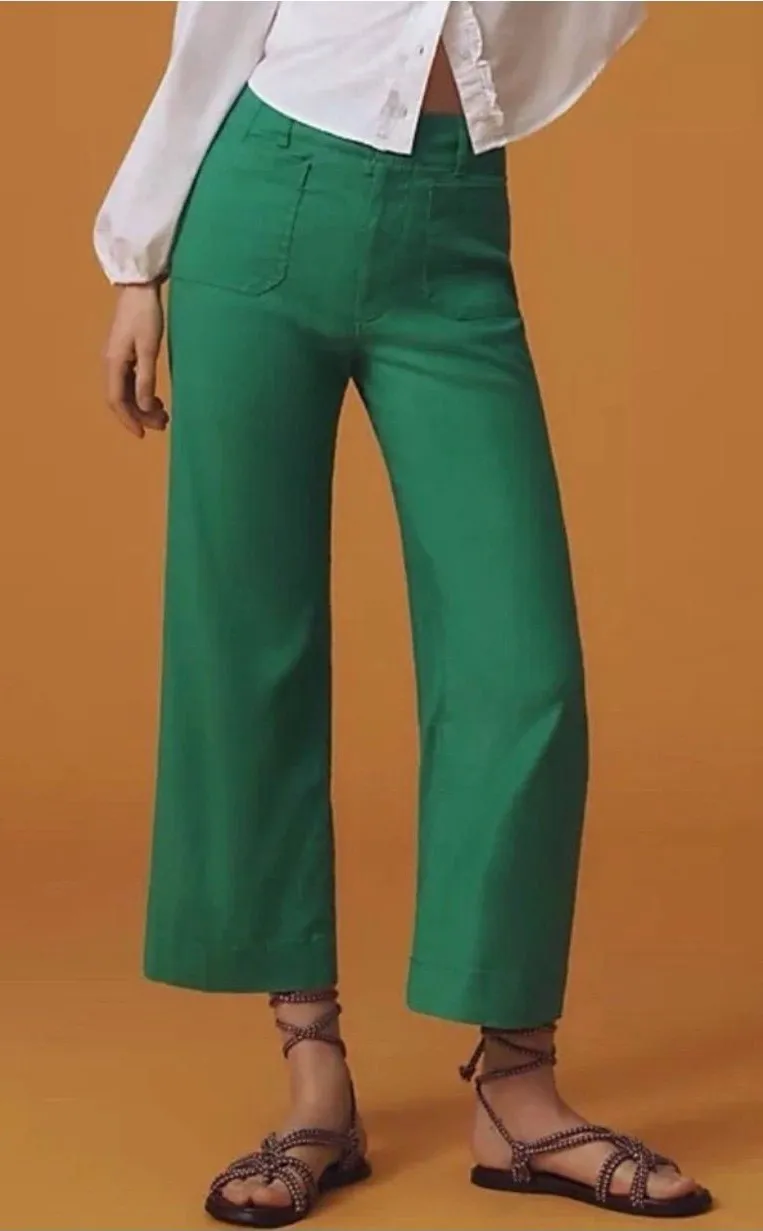 Anthropologie Maeve The Colette Cropped Linen Wide Leg Pants Green Sz 31