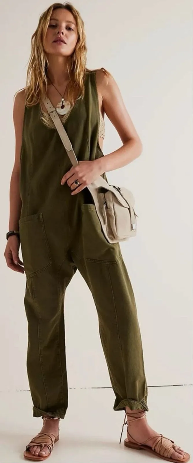 Free People High Roller Jumpsuit in Moss Stone Size Small Denim Overalls Harem