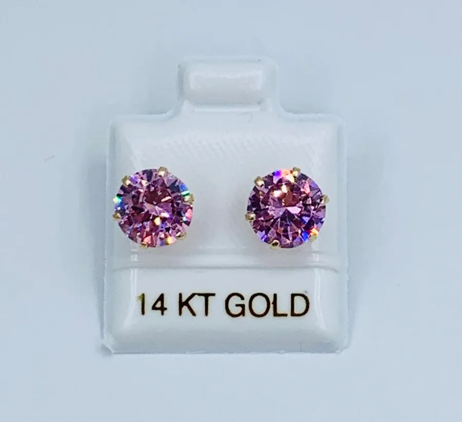 ❤️ 14k solid Gold Pink color earrings studs ❤️ 8mm cubic zirconia ❤️ Aretes Rosa en oro de 14 kilates