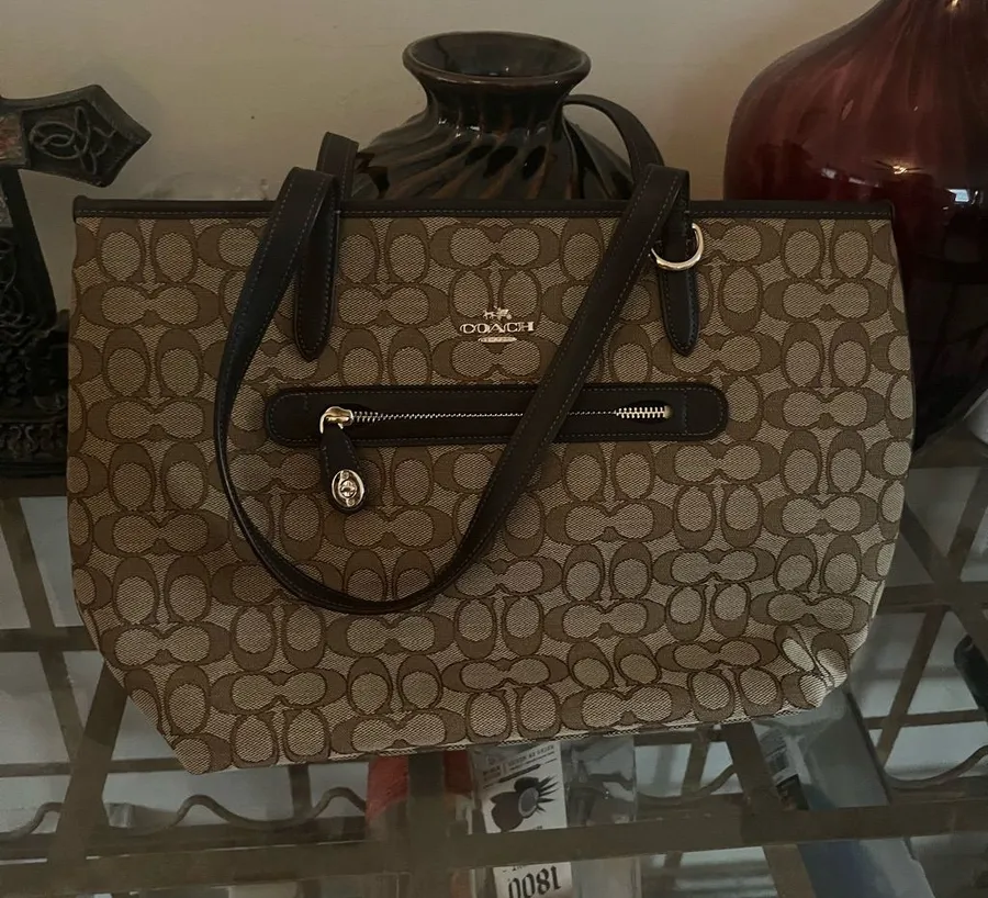 Coach Khaki Signature Canvas Tote with Chocolate Trim