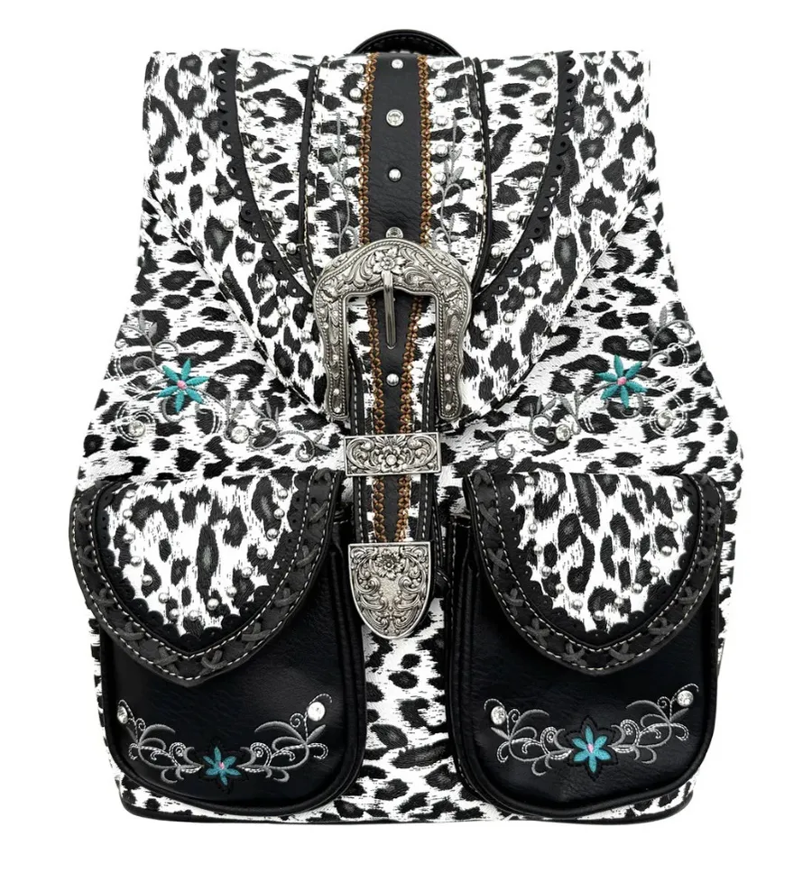 Leopard Print Western Leather Buckle Backpack Black