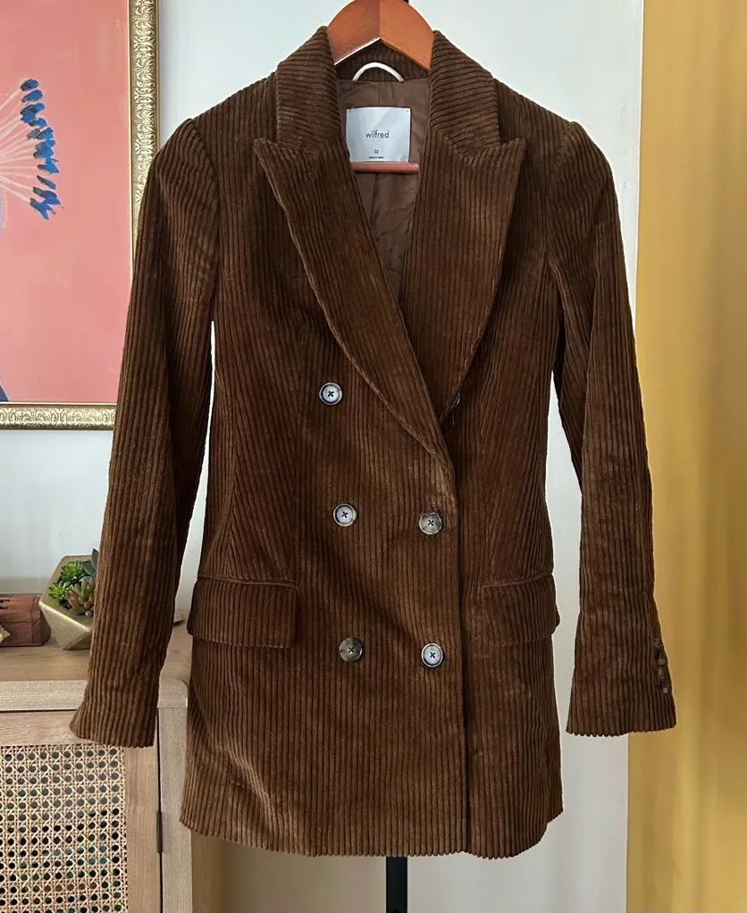 Aritzia Wilfred Double Breasted Corduroy Blazer Jacket Camel Brown $248 Size 00