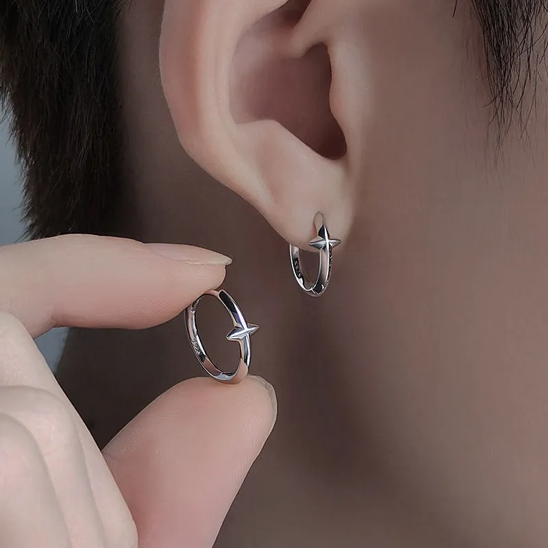 925 Silver Plated Star Hoop Earrings for Men Women,Punk Hip Hop Earrings
