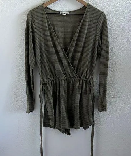Billabong Faux Wrap Romper Green Stripe Tie Waist Boho Long Sleeve Tie Medium