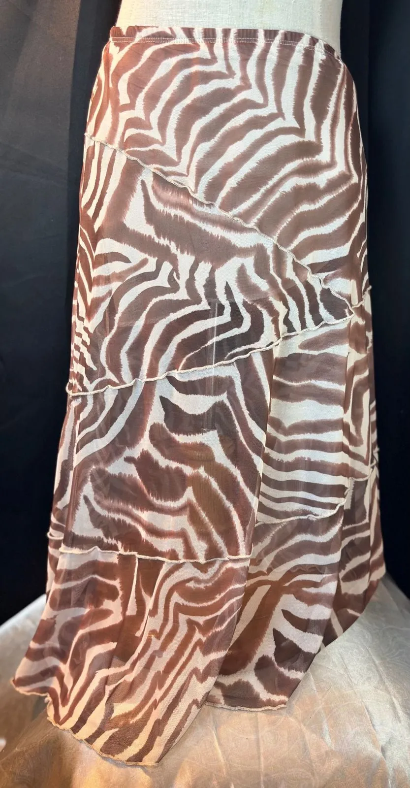 See You Monday Zebra Print Mesh Maxi Skirt Brown White Tiered Ruffle Y2K Medium