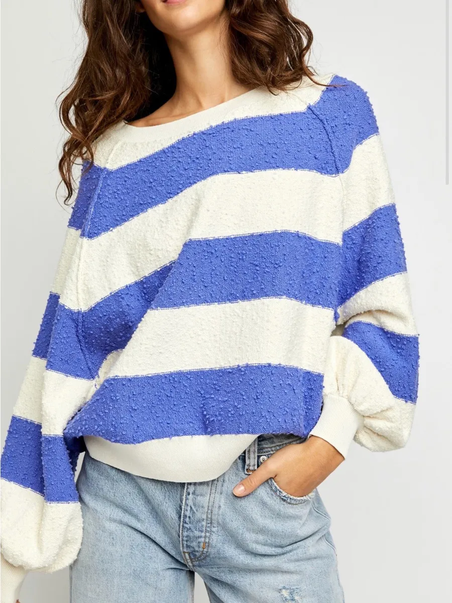 Free People Found My Friend Striped Pullover Blue and Cream Medium