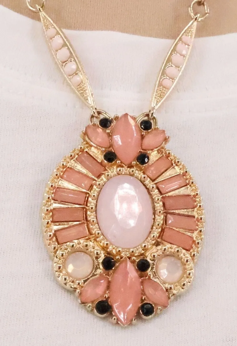 New York Co Statement Pendant Necklace Regency Pink Gold Tone Art Deco Cabochon