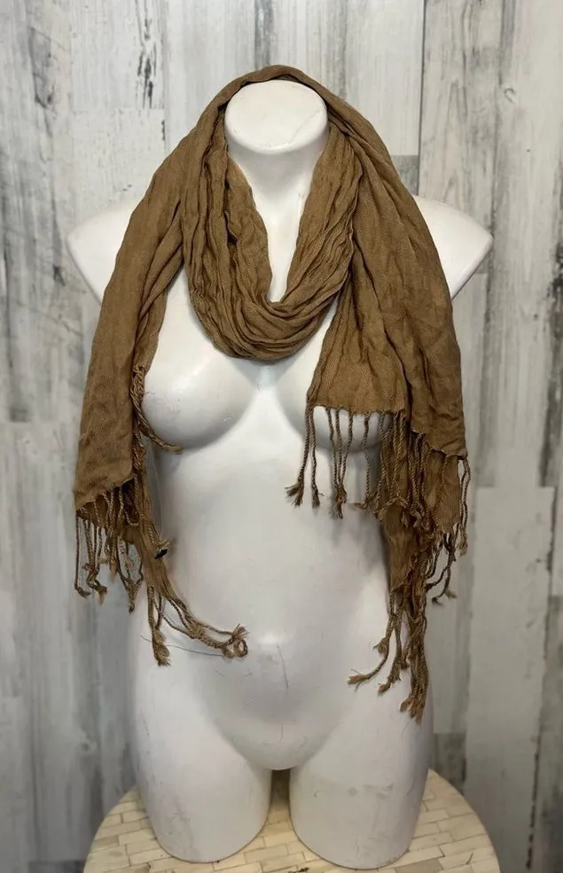 Solid Brown Fringe Scarf Lightweight Crinkle Woven Camel Tan One Size