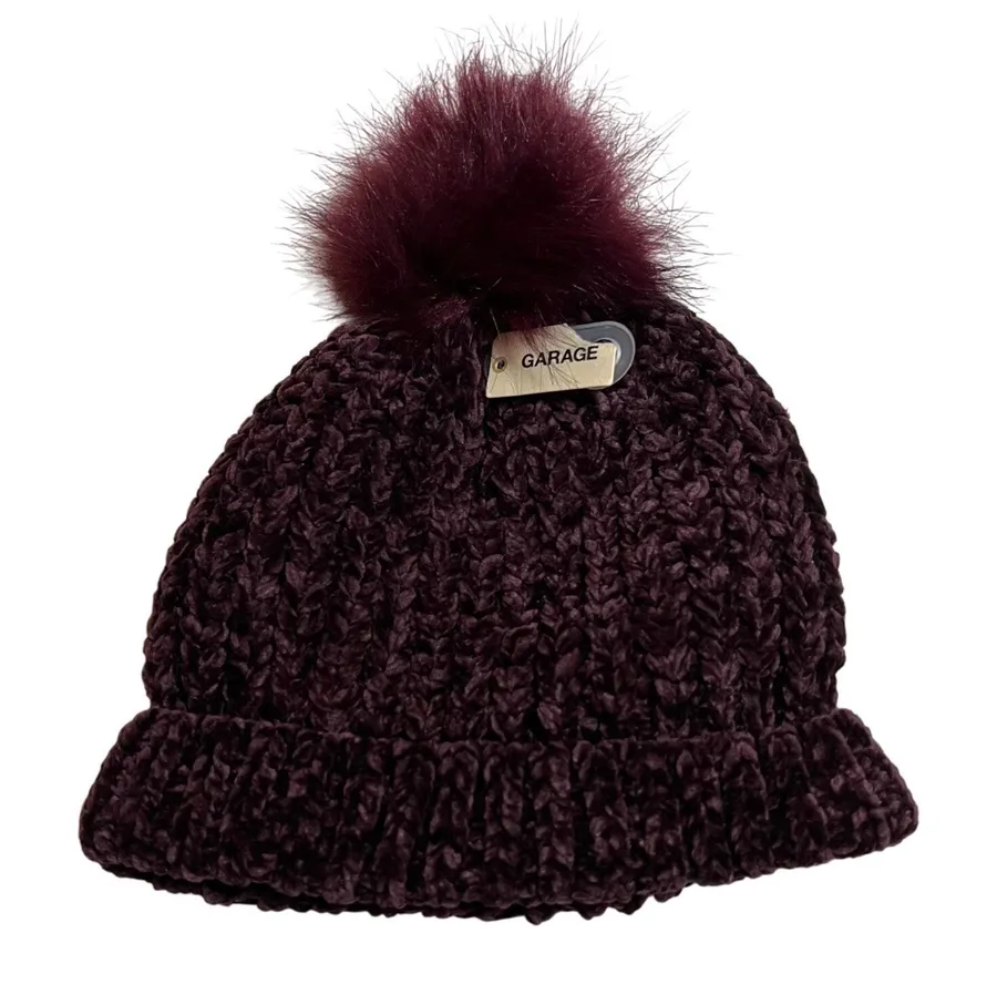 NEW GARAGE Chenille Chunky Knit Beanie w/ Pompom Size O/S Winter Cozy Colorful