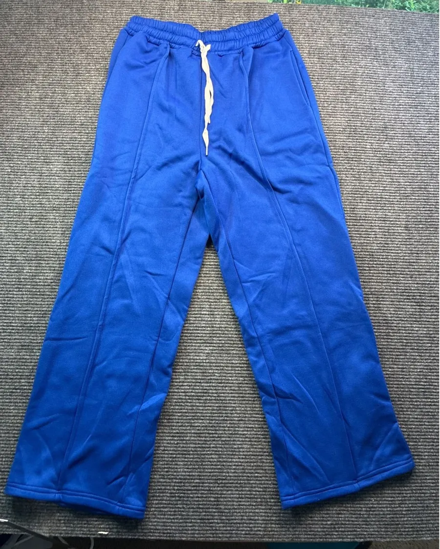 Royal Blue Wide Leg Pintuck Sweatpants Womens Medium Fleece Lined Drawstring