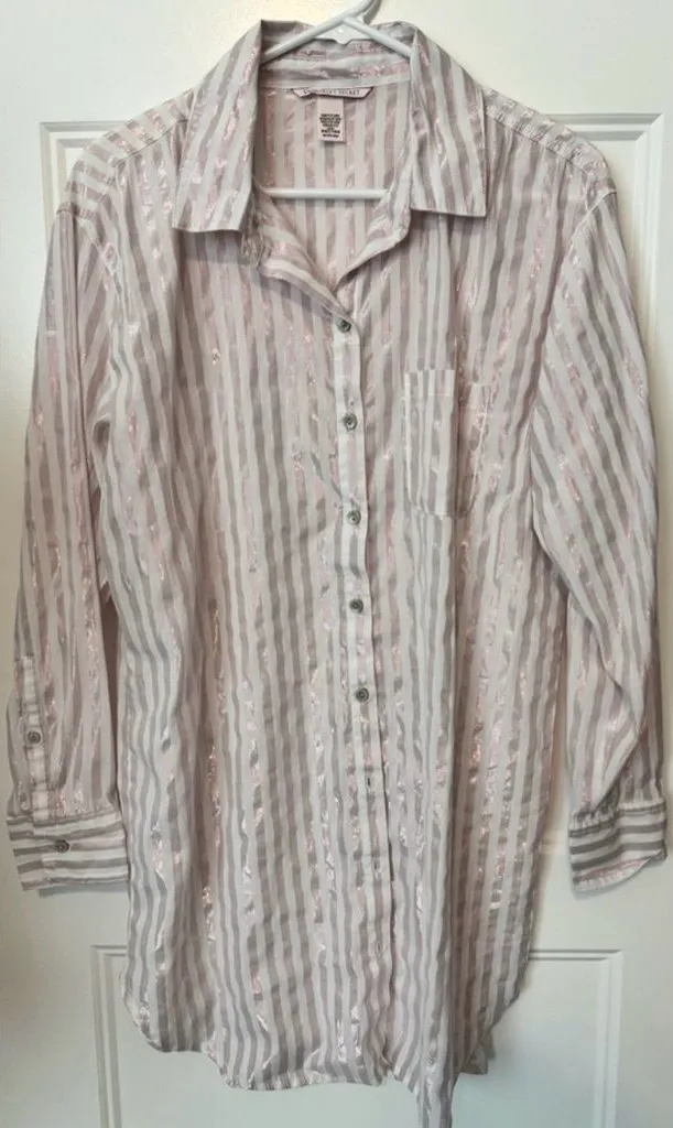 Victoria's Secret Pink Metallic Stripe Sleep Shirt M Button Down Tunic