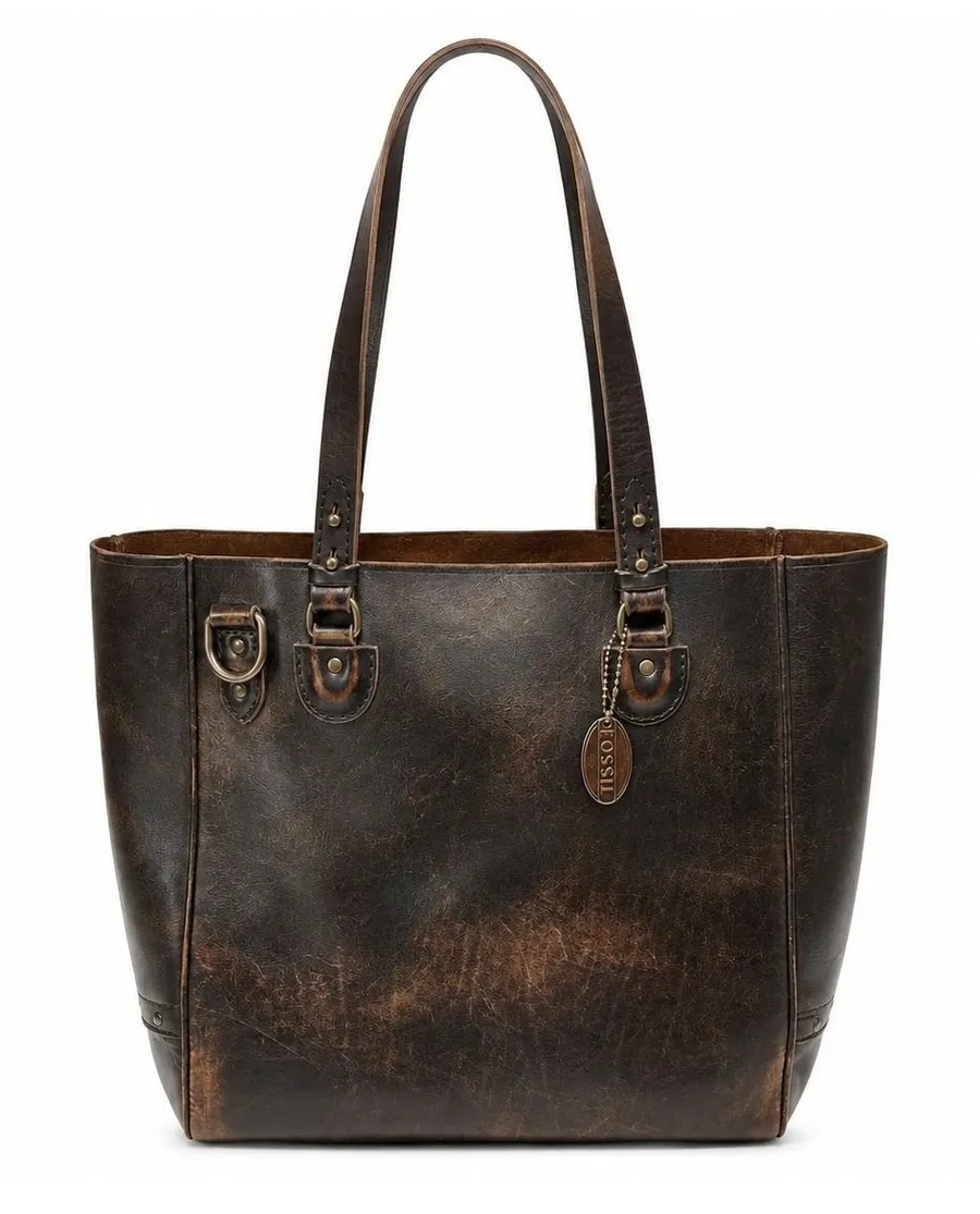 Fossil Heavy Glove Leather Black Distressed Large Tote Bag Unlined Double Handle