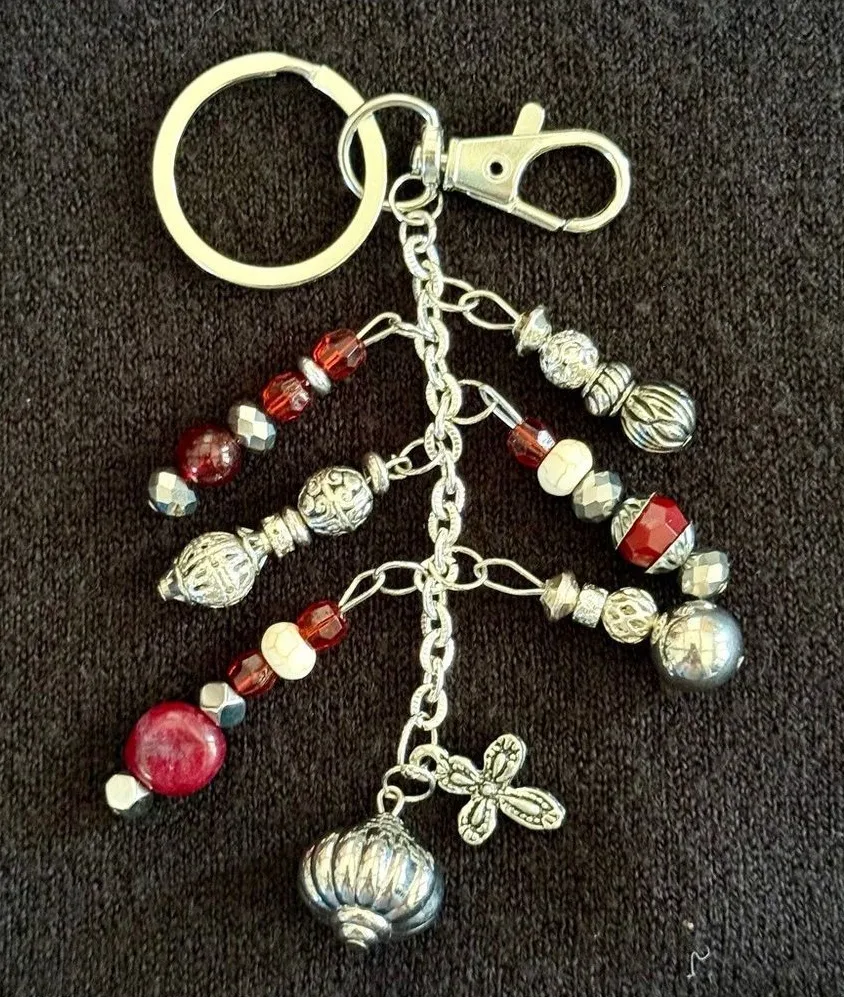 NEW Red Mood Beaded Crystal Bag Charm Keychain Handmade One of a Kind