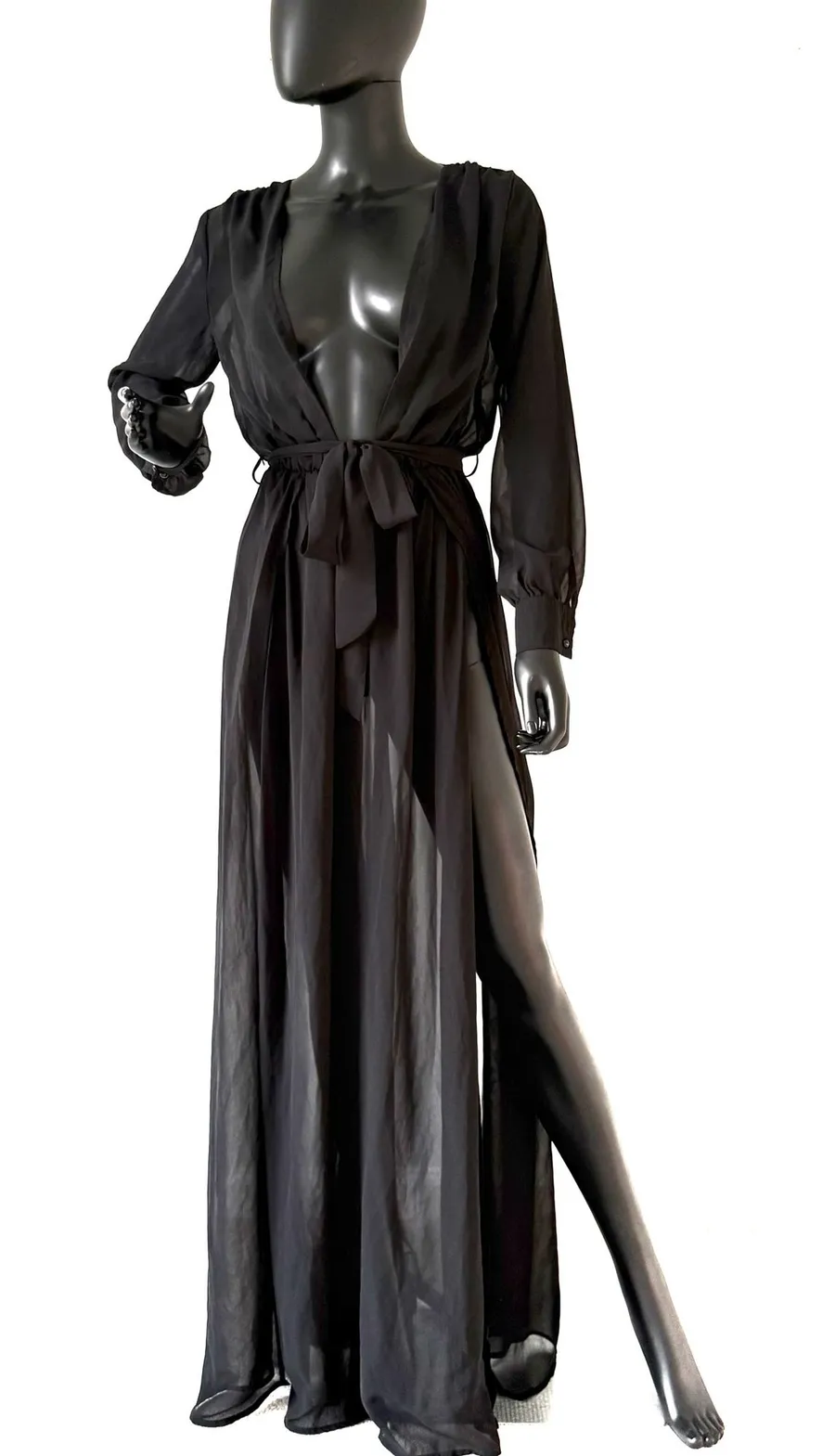 Maxi Dress Beach Coverup Sheer Wrap Maxi Robe Long Sleeve Gown Beach Dress Summer Black