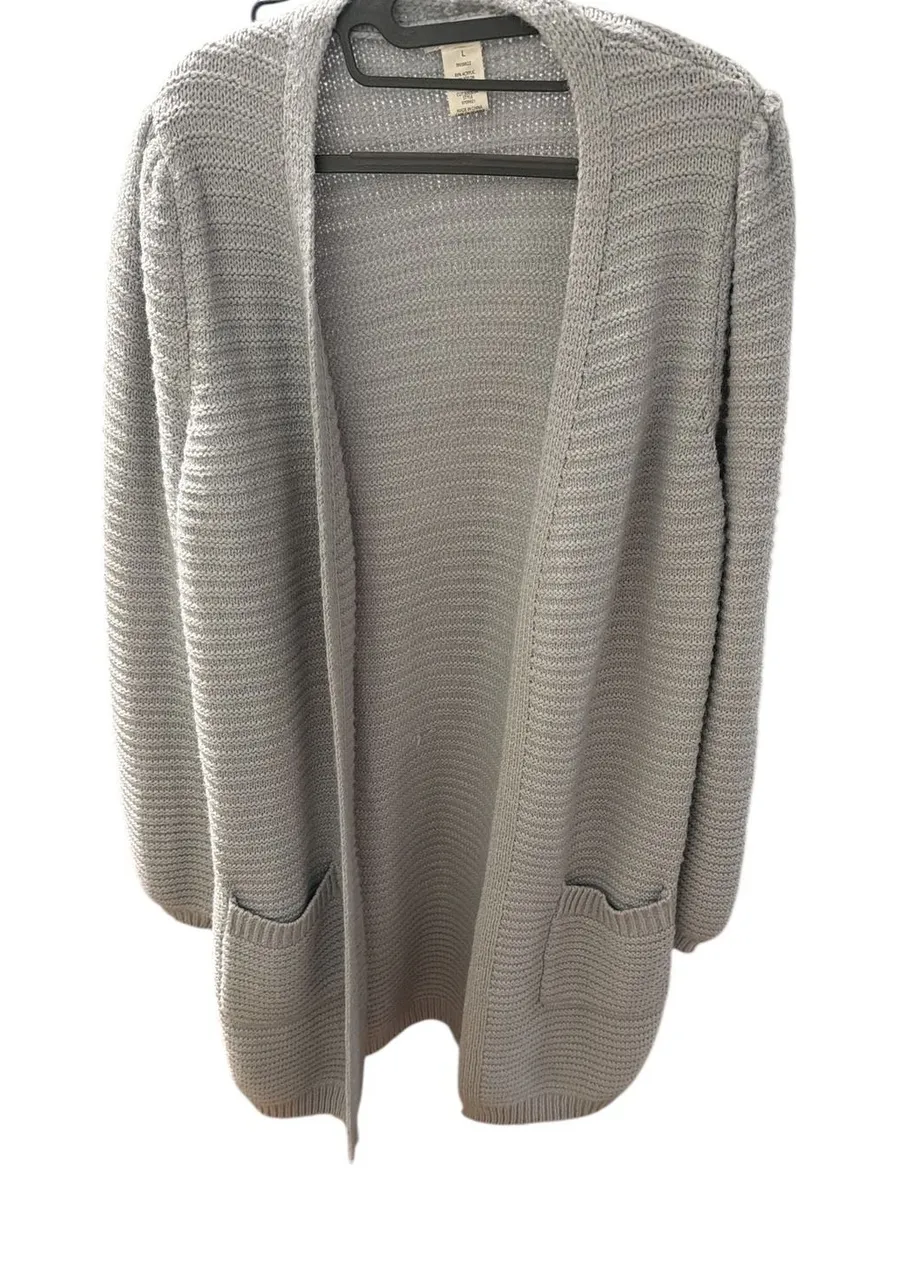Max Studio Womens Long Open Front Cardigan Sweater Light Gray Size L Pockets