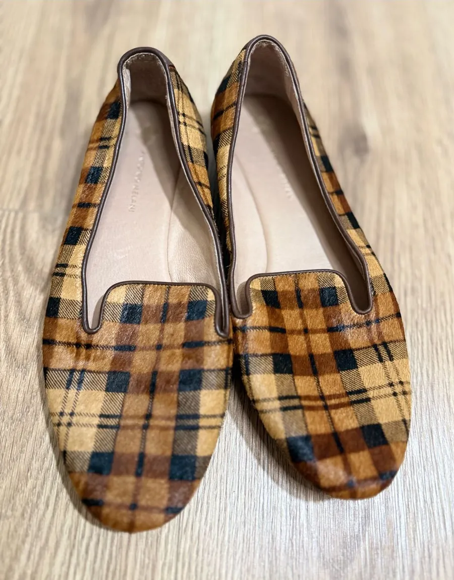 ANTONIO MELANI Larrah Plaid Calf Hair Loafers 9M Brown Tan Leather Flats