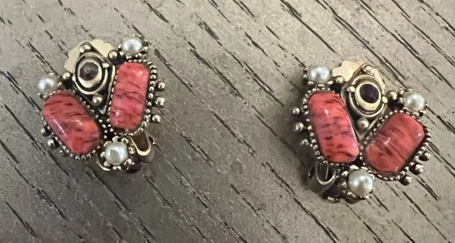 Vintage Pink and Gold Earrings with Intricate Metalwork