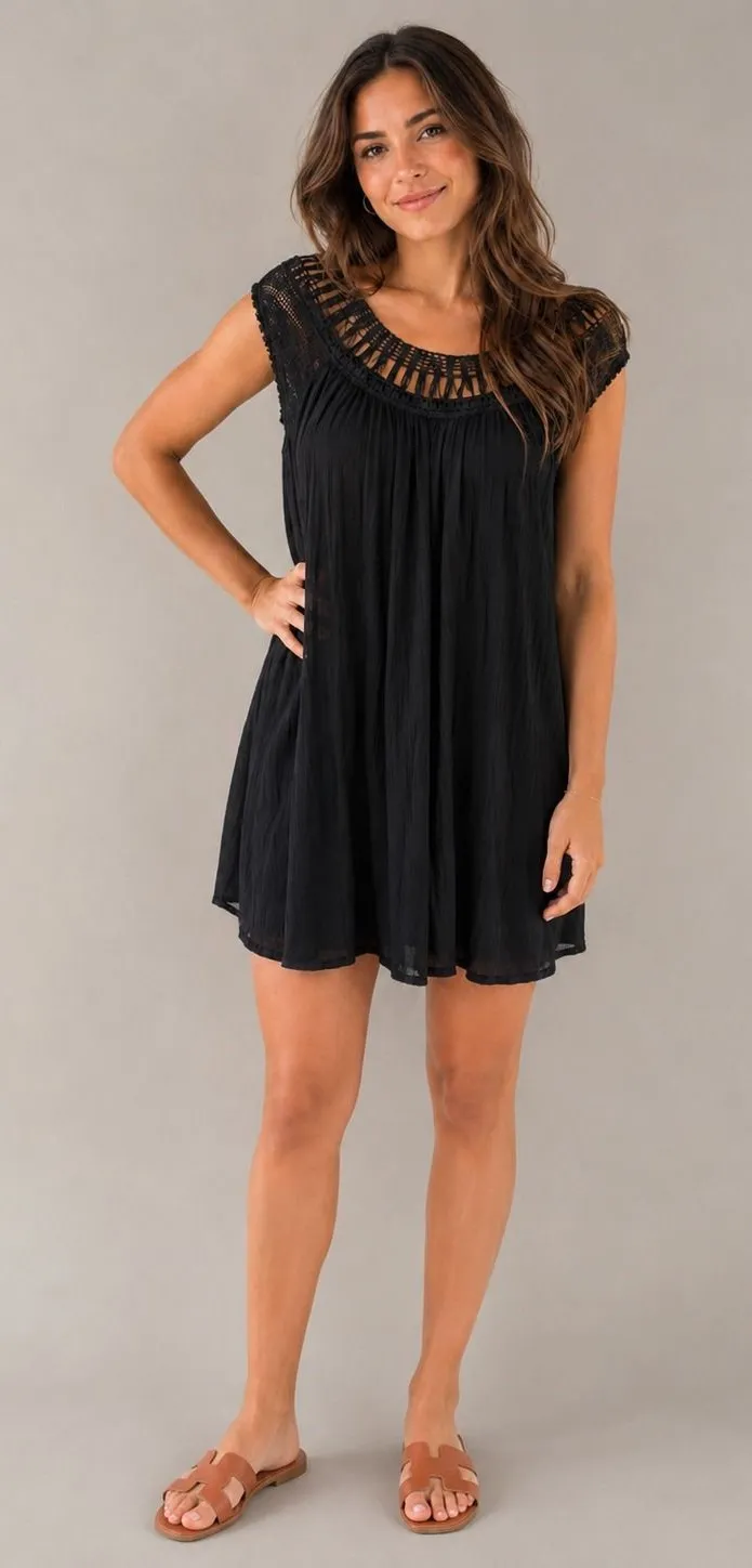 Lola Made in Italy Black Crochet Cover Up Dress Boho Resort NWT Size L