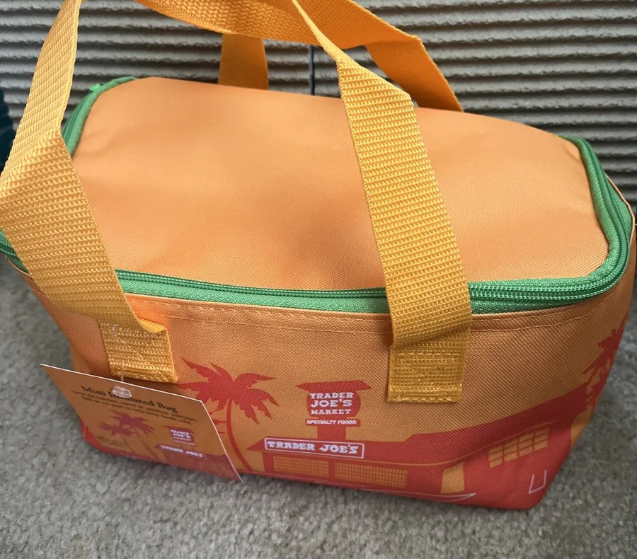 Trader Joe's Insulated Mini Tote Bag Lunch Cooler Orange Green Foldable NWT
