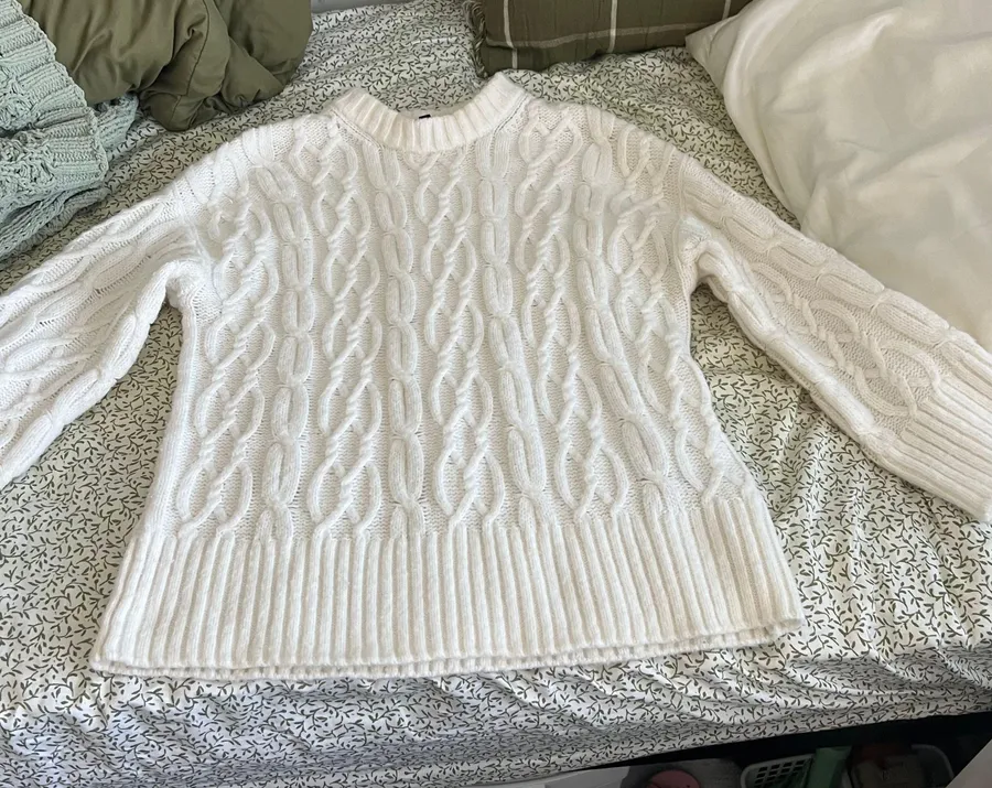 White Cable Knit Crewneck Sweater