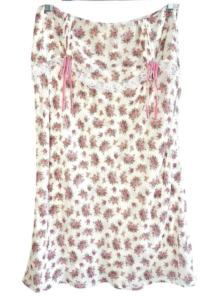 For Love & Lemons Floral Midi Skirt M Lace Pink Velvet Bow Coquette Cottagecore