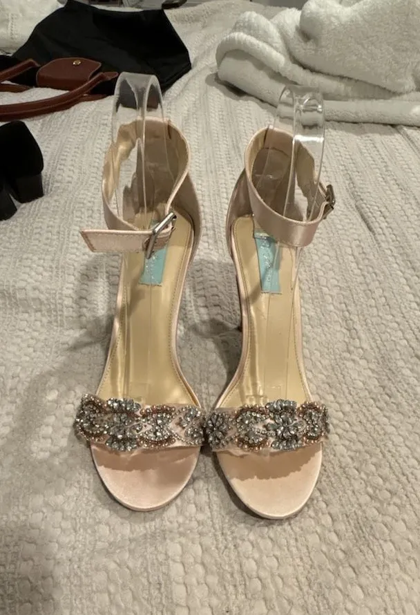 Blue by Betsey Johnson Gina Champagne Satin Rhinestone Ankle Strap Heels