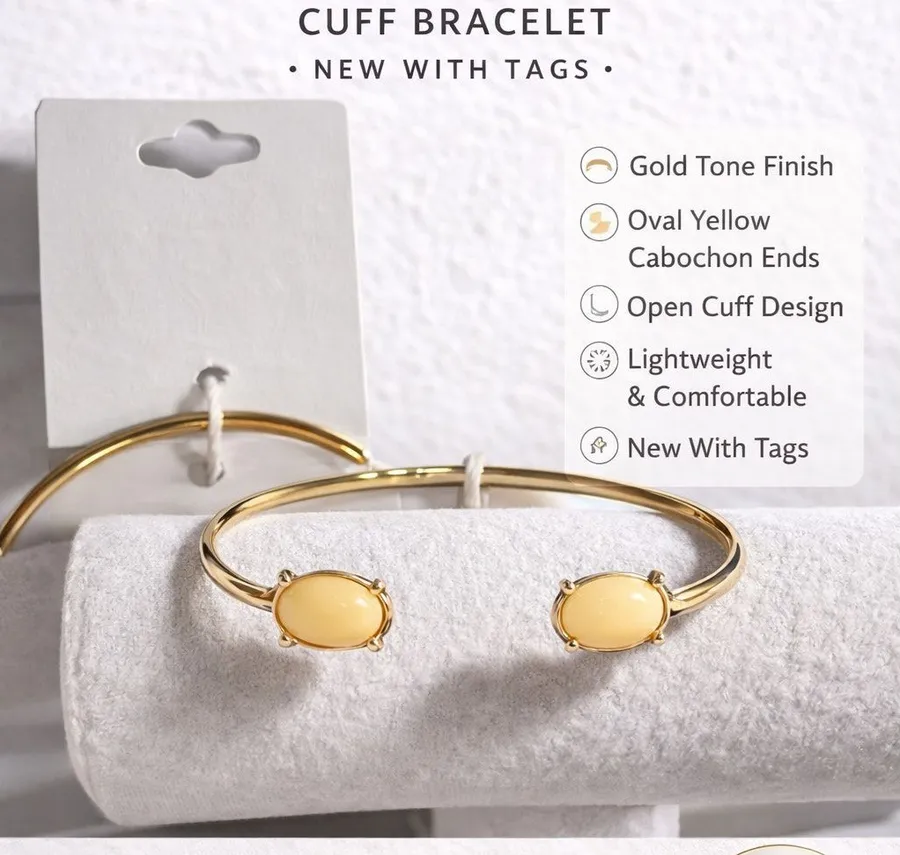 Gold Tone Oval Cabochon Cuff Bracelet Yellow Stone Open Cuff NWT