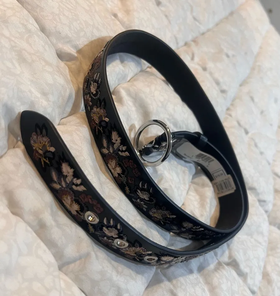 Nordstrom Black Floral Embroidered Belt with Silver Ring Buckle