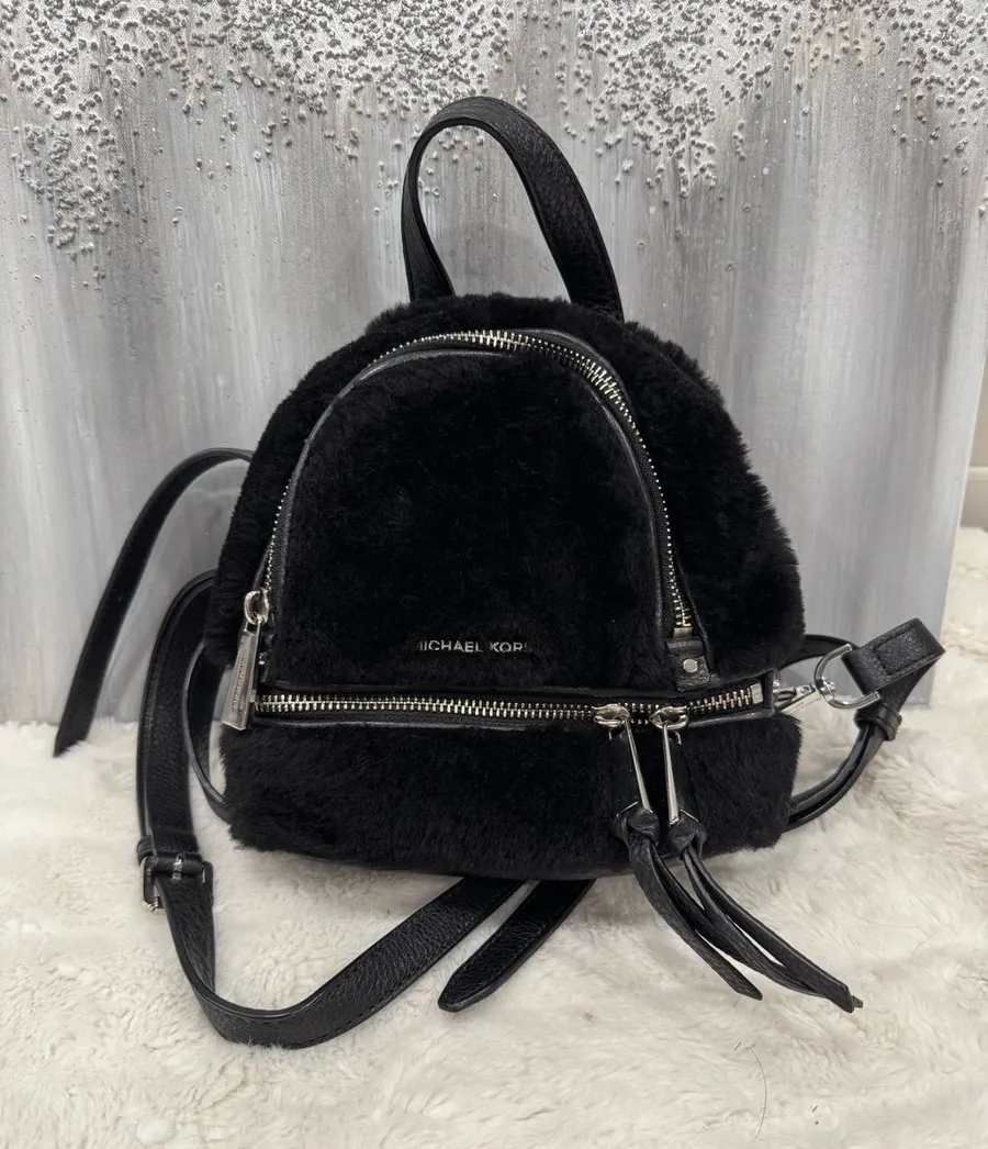 Michael Kors Black Faux-Fur Mini Backpack with Silver Hardware