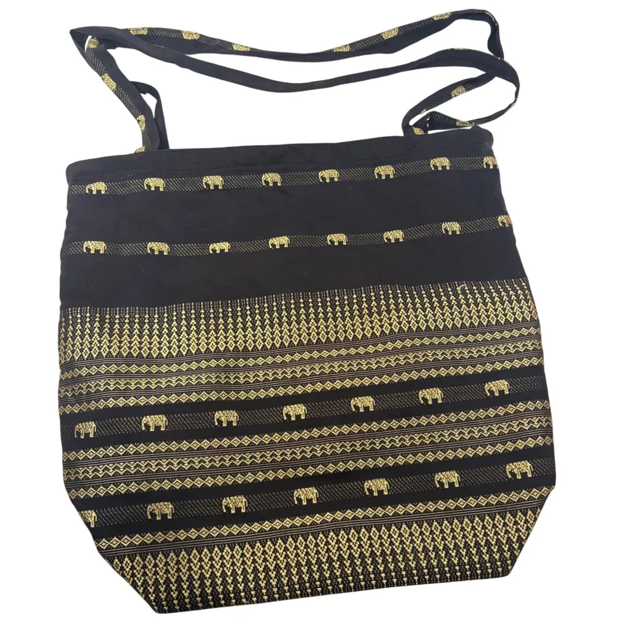 Vintage Black Gold Elephant Woven Tote Bag Boho Zipper Shoulder Bag Large