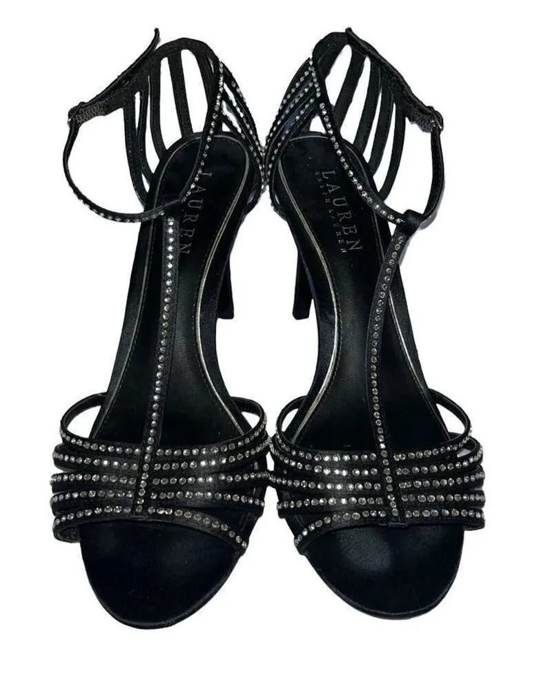 Lauren Ralph Lauren Black Satin Rhinestone T-Strap Cage Back Evening Heels 8