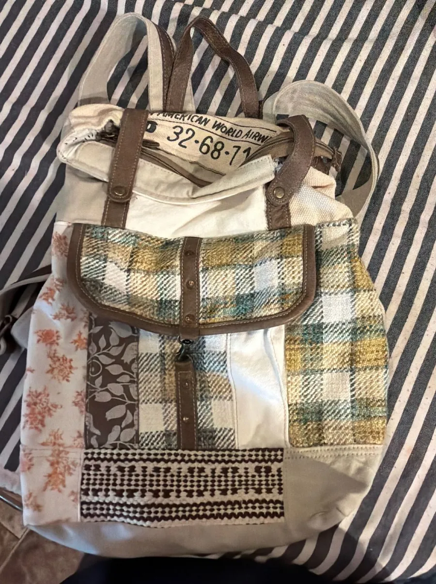 Myra Bag Patchwork Canvas Leather Backpack Pan Am Vintage Style Boho Plaid Brown