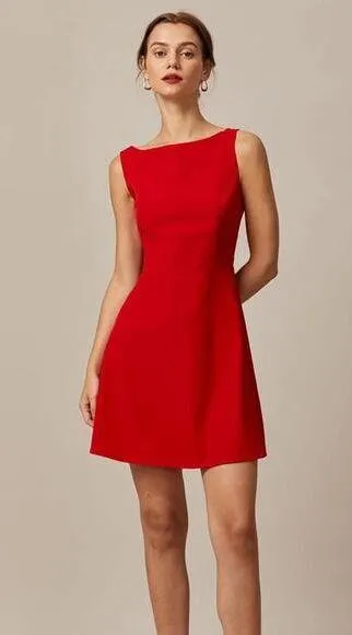 RIHOAS The Red Boat Neck High Waisted Mini Dress S
