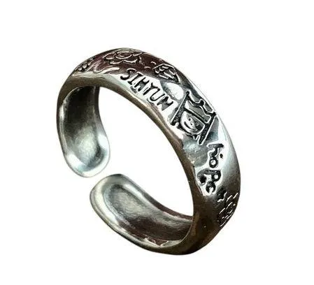 s925 Sterling Silver Retro Floral Prince Graffiti Open Ring for Women