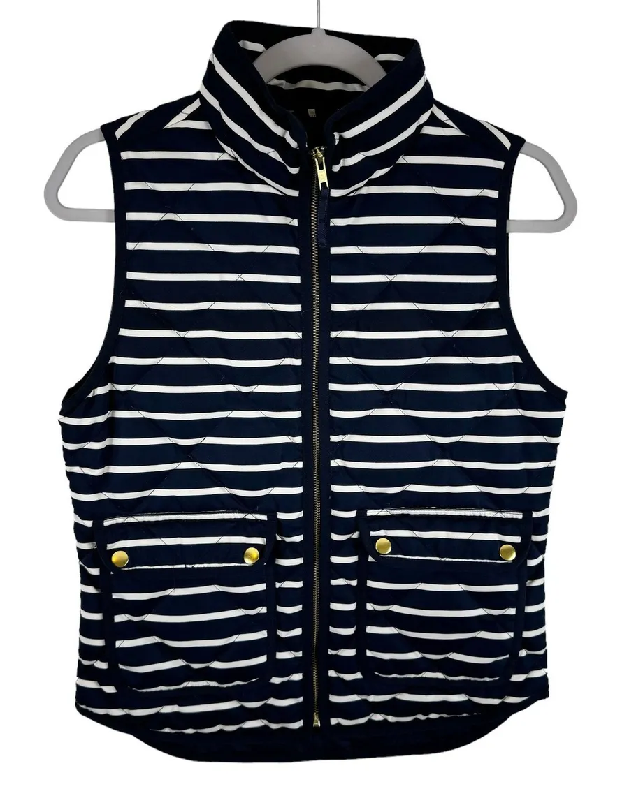 J. Crew Navy Blue White Striped Full Zip Puffer Vest Nautical Pockets Size XS