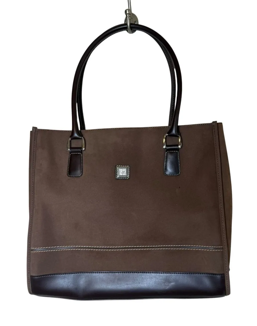 Diane Von Furstenberg Double Handle Suede & Leather Tote Bag Snap Brown Classic