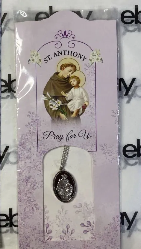 "PRAY FOR US ST. ANTHONY" MEDAL on an 18" CHAIN And Prayer Card, New and Sealed Pink