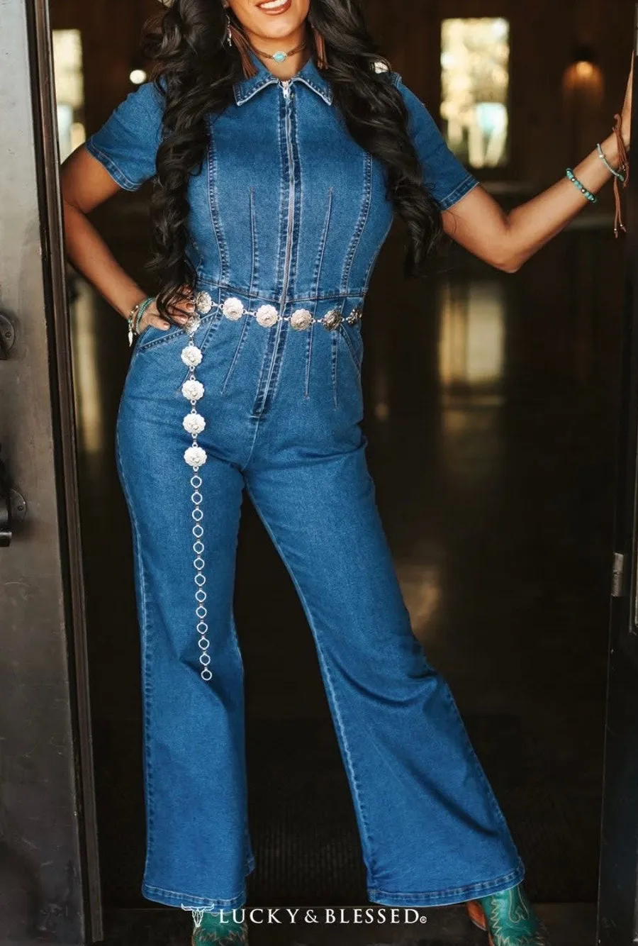 NEW Lucky & Blessed Denim Stretchy Short Sleeve Zip Up Flare Leg Jumpsuit XS Blue