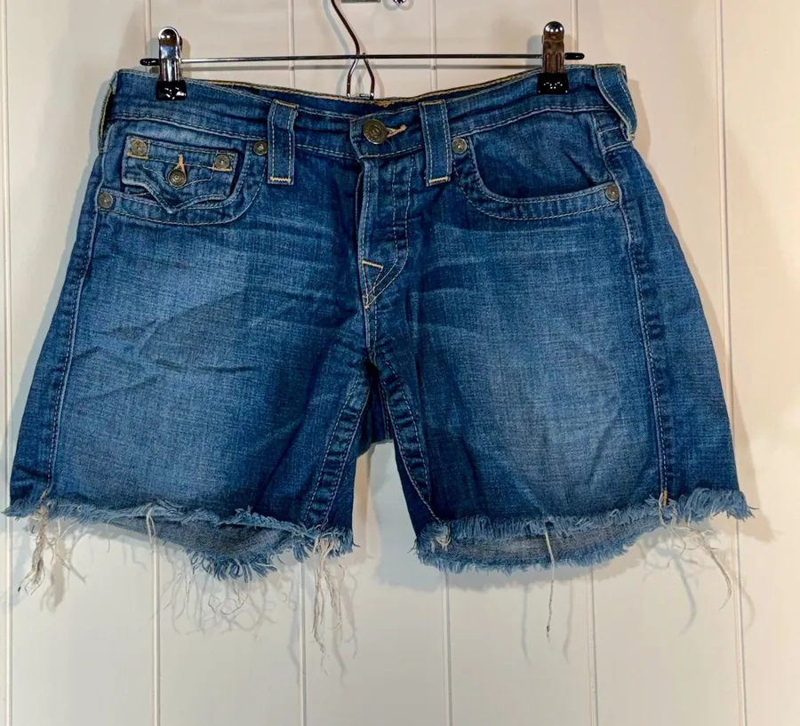 True Religion Joey Cut Off Denim Shorts Blue Mermaid Patch Size 27 Low Rise