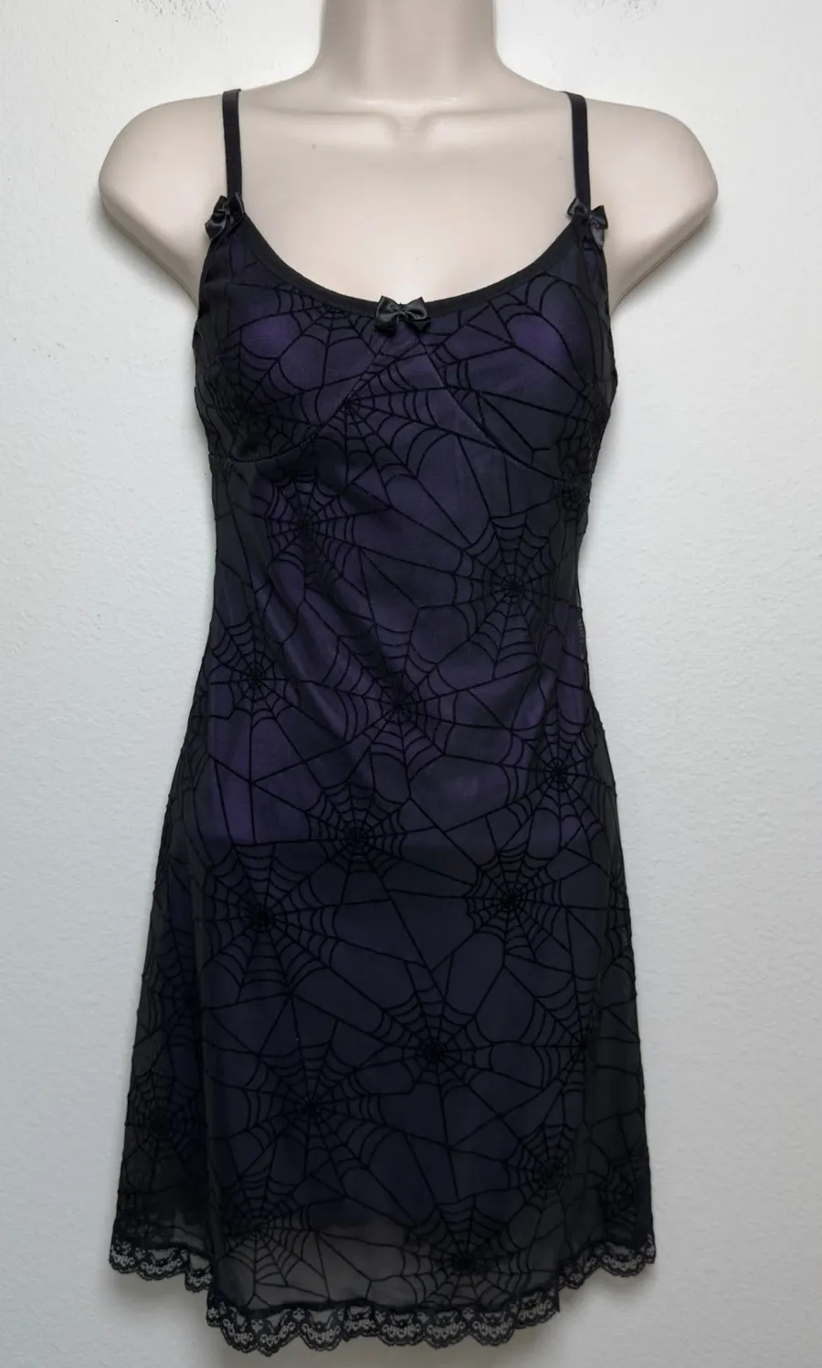Women Fairy Grunge Whimsigoth Babydoll Slip Dress Purple Black Spiderweb Goth Size L